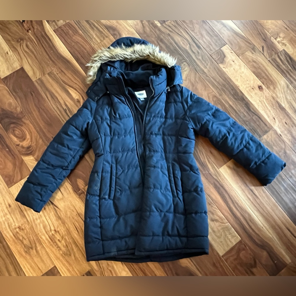 Women’s Old Navy Long Puffer Coat w/ Hood - Navy Blue- Size M